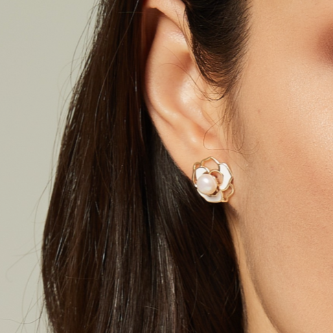 8 mm Camellia Freshwater Pearl Studs Earrings