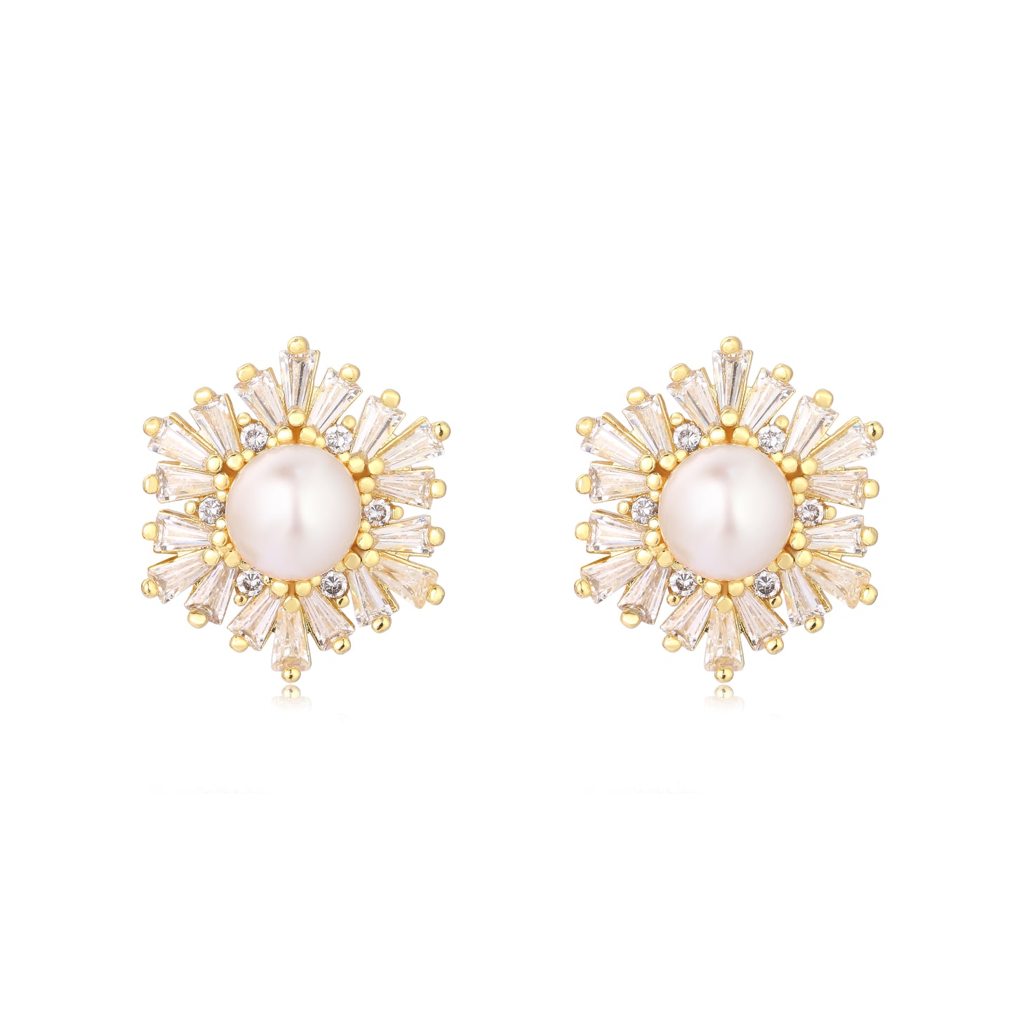 Classic Snowflake Shape Pearl Studs Earrings with Cubic Zirconia