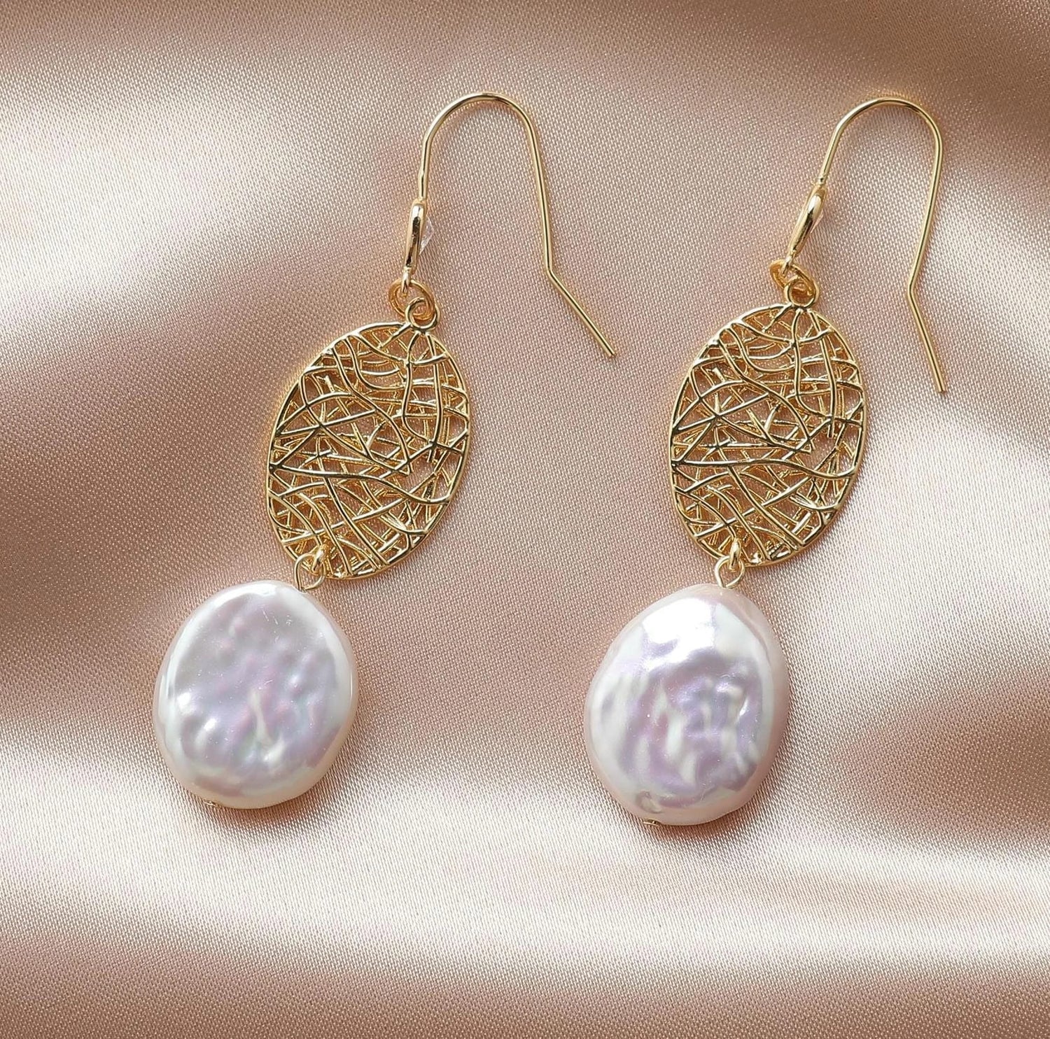 18K Gold Oval Baroque Pearl Drop Earrings