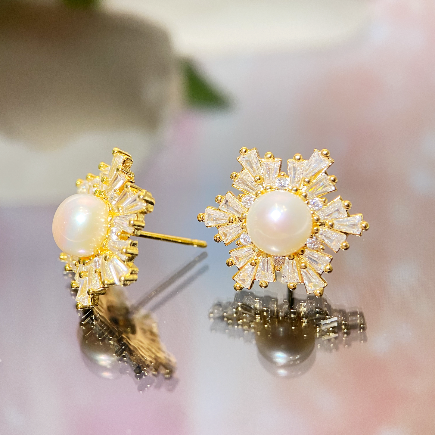Classic Snowflake Shape Pearl Studs Earrings with Cubic Zirconia