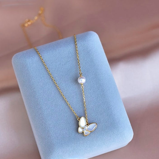 Butterfly Shell and Freshwater Pearl Pendant Necklace